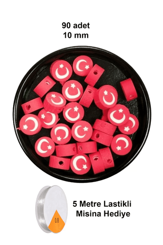 RT-RYL-B-0033-90 90 Adet 10 Mm Polimer Kil Fimo Boncuk Takı Bileklik + 5 Metre Lastikli Misina Hediye - Türk Bayrağı