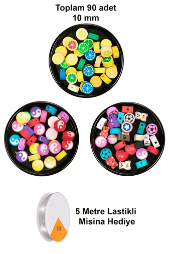 RT-RYL-B-0043 90 Adet 10 Mm Polimer Kil Fimo Boncuk Takı Bileklik + 5 Metre Misina Hediye - Yin Yang - Karışık - Limon