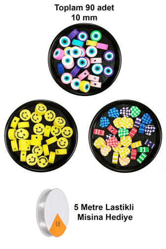 RT-RYL-B-0045 90 Adet 10 Mm Polimer Kil Fimo Boncuk Takı Bileklik + 5 Metre Misina Hediye - Smile - Kalp - Nazar