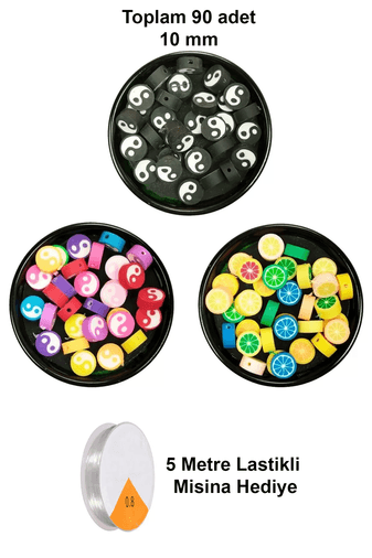 RT-RYL-B-0047 90 Adet 10 Mm Polimer Kil Fimo Boncuk Takı Bileklik + 5 Metre Misina Hediye - Yin Yang - Yin Yang - Limon