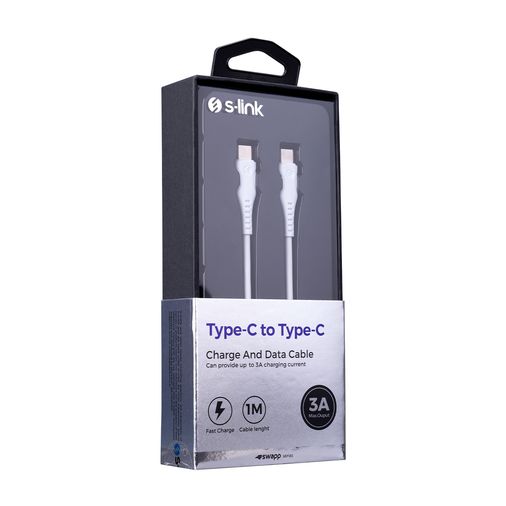 S-link Swapp SW-C300 1.2M 3A TypeC to TypeC Beyaz Data + Sarj Kablosu