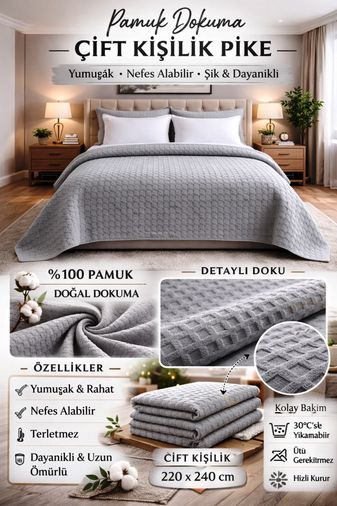 Şaheser %100 Pamuk Çift Kişilik Pike 240x220 (Tek Pike)-Gri v1