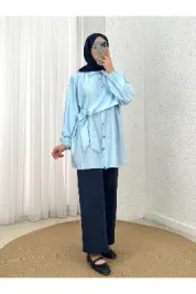 Salkım Yandan Bağlamalı Çilek Gömlek-NA848 Mavi