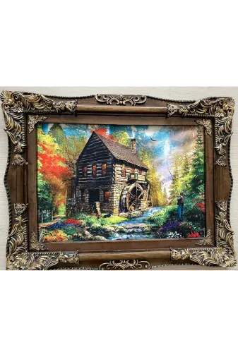 SANAT TACİRİ EK67NI6589MMNW 85X67Cm Orman Evi Dağ Evi Temali Hali Ahşap Çerçeveli Dokuma İran Halisi Tablosu Muhteşem Renkler