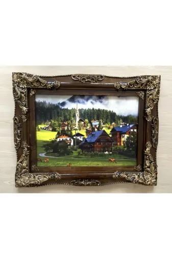 SANAT TACİRİ EK67NI65R5M 89X70Cm Yayla Evi Temali Hali Ahşap Çerçeveli Dokuma İran Halisi Tablosu Muhteşem Renkler