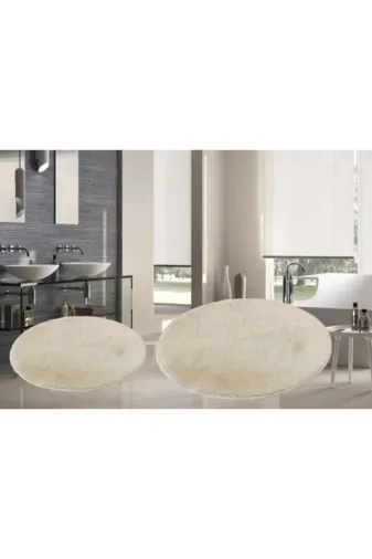 Sarar ELEGANS88 Senora 2 Li Yuvarlak Post Peluş Banyo Paspası Takımı Büyük Boy Kaymaz Klozet Vizon 100X100 60X60.