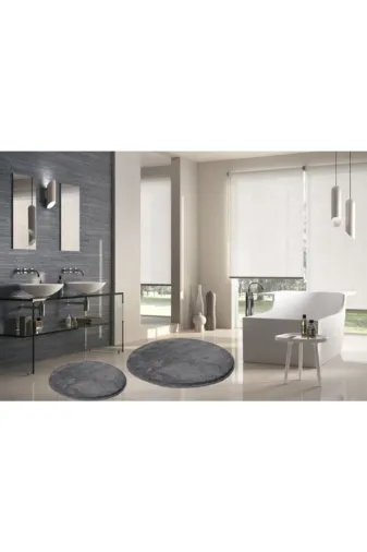 Sarar ELEGANSTEK100X100 Yuvarlak Post Peluş Banyo Paspası Takımı Büyük Boy Jel Taban Klozet Takım Antrasit 100X100 60X60