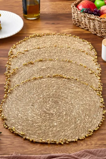 SET-1717-4 Seagrass Hasır Yuvarlak Amerikan Servis Supla Gold 4 Lü