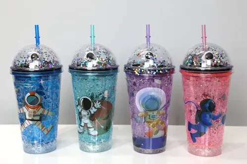 Sevimli Astronot Işıklı Pipetli Pullu Suluk &amp; Bardak 400 Ml Alk3148