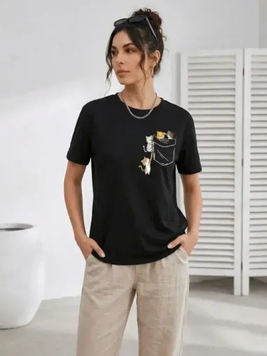 Sevimli Kedi Cep Baskılı Tişört Kısa Kol Yazlık T-Shirt - Siyah - M - Siyah