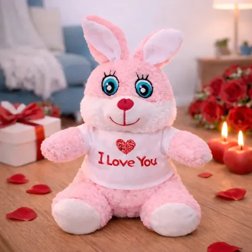Sevimli Tişörtlü Peluş Tavşan 25 Cm Pembe Hediye