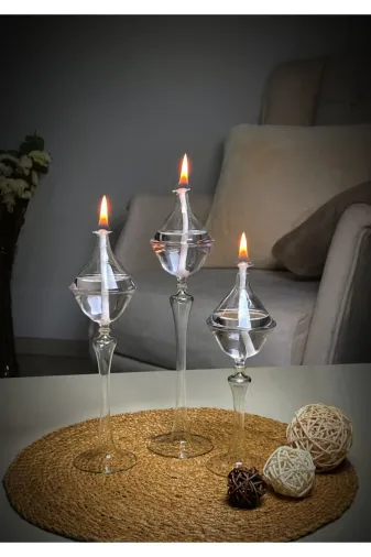 Shabbo Glass SHB0020220005 Ayaklı Diamond Cam Kandil 3'lü Set + Kandil Yağı