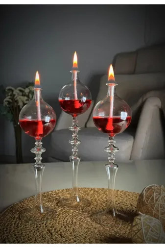 Shabbo Glass SHB0020220007 Ayaklı Drops Düğmeli Şamdan Cam Kandil 3'lü Set Kandil Yağı Ikli