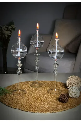 Shabbo Glass SHB0020220007 Ayaklı Drops Düğmeli Şamdan Cam Kandil 3'lü Set Kandil Yağı Ikli Şeffaf
