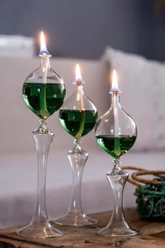 Shabbo Glass SHB0020220010 Drops Ayaklı Cam Kandil 3'lü Set Kandil Yağı Zümrüt Yeşili