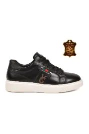 Siyah Hakiki Deri Bağcıklı Erkek Sneaker