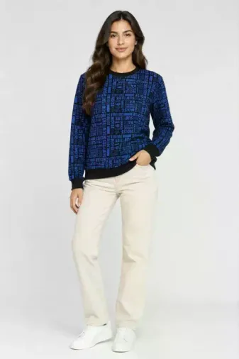 Siyah Mavi Yazı Desenli İki İplik Şardonlu Sweatshirt - L - Lacivert