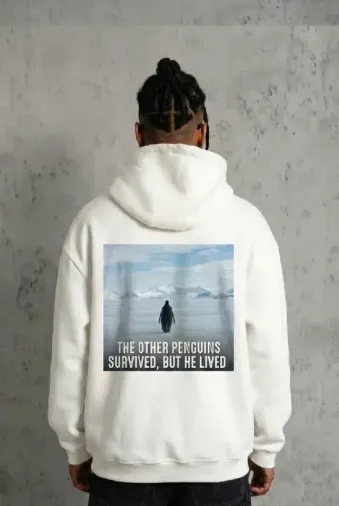 Siyah Oversize Hoodie - Sırt Baskılı Survivor Penguin Temalı, Felsefi Yazılı Kapüşonlu Sweatshirt - Beyaz - 2XL - Beyaz