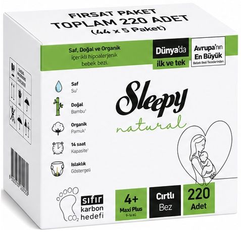 Sleepy Bebek Bezi Natural 4+ Beden (9-16 KG) Maxi Plus 220 Adet Mega Fırsat Pk