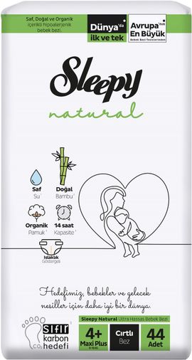 Sleepy Bebek Bezi Natural 4+ Beden (9-16 KG) Maxi Plus 44 Adet Fırsat Pk