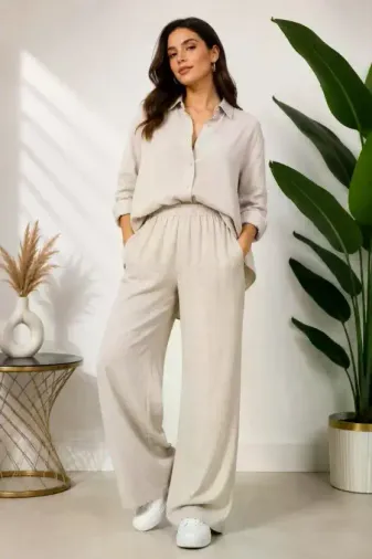 Sofya Keten Gömlek Pantolon Alt Üst Takım Uzun Kollu - Krem - L - Krem