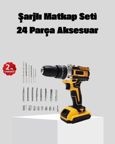 Solmazlar Online 125070865 Mey İthalat 24 Parça Çift Bataryalı Akülü Darbeli Matkap Güçlü Motor, Metal Dişli, Led Işıklı
