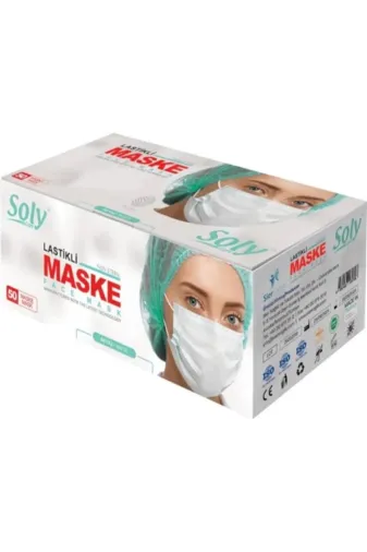 Soly 500509 Lastikli Cerrahi Maske 3 Katlı Telli Beyaz