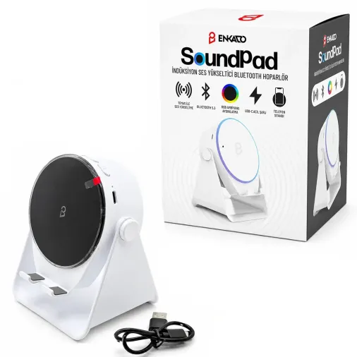 SOUNDPAD 5IN1 - 5W - 2000mAh TEMAS İLE SES YÜKSELTME - TELEFON STAND - USB-C ŞARJ BEYAZ İNDİKSİYON S