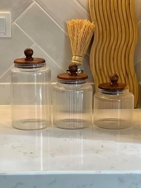 ST 57855210125439280184975 3&apos Lü Üçlü Lüks Çizgi Cam Desenli Top Kulplu Akasya Vakum Kapaklı Baharat Takım Diğer
