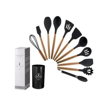 ST 57855210126351380184975 Silikon Spatula Mutfak Gereçleri Seti, 12 Parça, Ahşap Saplı, Siyah Kaşıklık Hediyeli 0