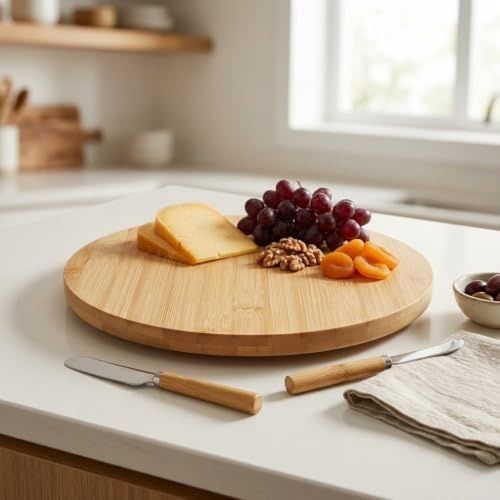 Standart Wood 57855210131437180184975 30 Cm Bambu Döner Sunum Tahtası - 360 Derece Dönebilen Yuvarlak Peynir, Şarküteri, Kahvaltı Ve İkram Tepsisi 15Cm