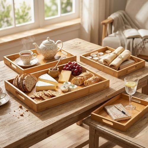 Standart Wood 57855210131563980184975 Bambu Servis Tepsisi Seti, Doğal Ahşap, 3&apos Lü Set, Küçük-Orta-Büyük, Kahvaltı Ve Sunum İçin 15Cm