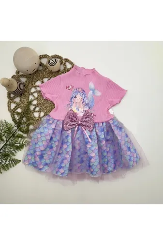 stiltrend COLZ-787015 1-2-3 Yaş Denizkızı Baskılı Pul Desen Etekli Kız Bebek Elbisesi Pembe