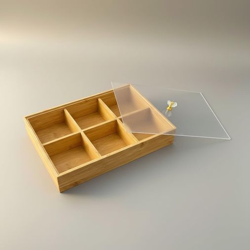 Stp Standartplast 57855210125962980184975 Bambu Organizer Kutu, 6 Bölmeli, Şeffaf Kapaklı, Kristal Kulplu, 30X20X6 Cm, Çay Ve Baharat Düzenleyici, Takı Düzenleyici Açık Ahşap