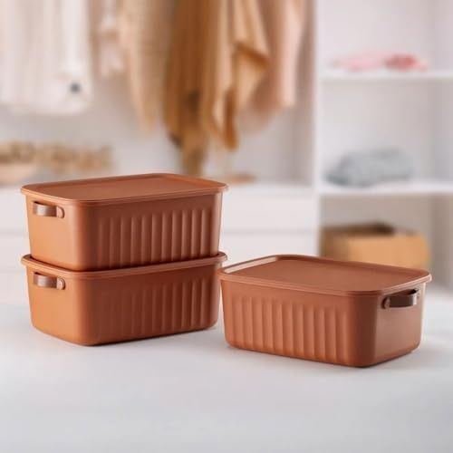 Stp Standartplast 57855210125967380184975 1 Adet Düzenleyici Kapaklı Kutu, Dekoratif Saklama Kutusu, Organizer 35Cm 25Cm 14Cm Kiremit 10 Litre Açık Ahşap