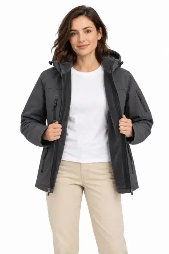 Su Geçirmez Softshell İçi Polar Astarlı Çıkarılabilir Kapüşonlu 4 Cepli Mont Ceket - Füme - 2XL - Füme