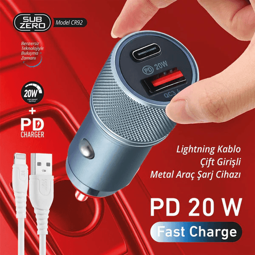 Subzero Cr92 20W 3.4A Hızlı Pd+Usb Çıkışlı İphone Araç Şarj Aleti