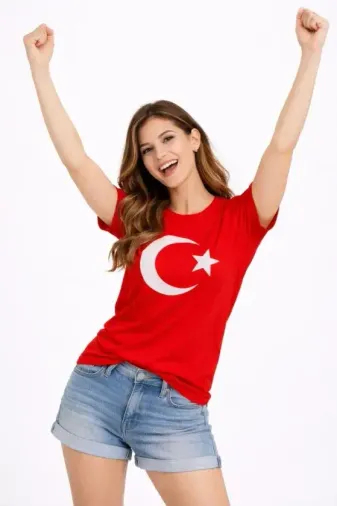 T-Shirt Kısa Kol Bisiklet Yaka Ay Yıldız Bayrak Baskılı Tişört - Kırmızı - XS - Kırmızı
