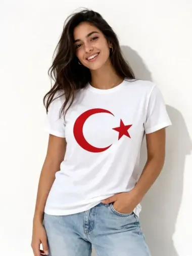 T-Shirt Kısa Kol Bisiklet Yaka Ay Yıldız Bayrak Baskılı Tişört - Beyaz - XS - Beyaz