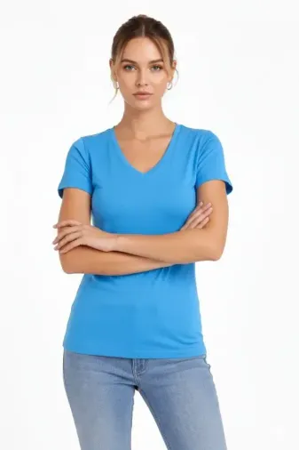 T-Shirt V Yaka Slim Fit Likralı Tişört Günlük Basic Body - Açık Mavi - L - Açık Mavi