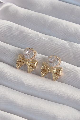 Tahtakale Toptancıları BKP9311-BLNC Pirinç Gold Renk Zirkon Taşlı Kalp Model Fiyonk Küpe Altın
