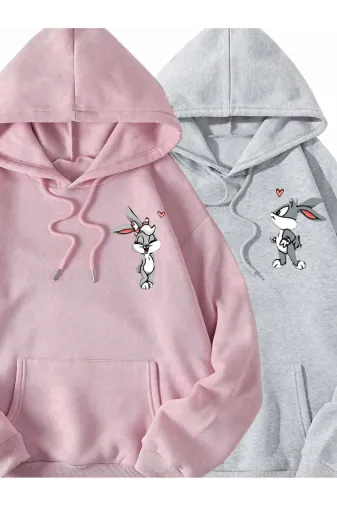 Tarzsokak TYC58URNQN170517245869359 Bugs Bunny Sevgili Çift Kombin - Gri Pembe Baskılı Oversize Kapüşonlu