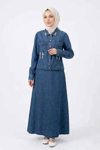 Taş Detaylı Etekli Kot Takım 19527 Denim