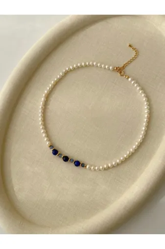 Taş-Mir tasmirlapis91888888 Sertifikalı Gerçek İnci Ve Lapis Lazuli Tasarım Kolye 45 Cm