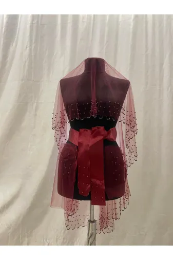 Tasisleme1 Bordo Işıl Işıl Kristal Taş Ve İncili Kına Duvağı, Kına Örtüsü, Duvak Seti