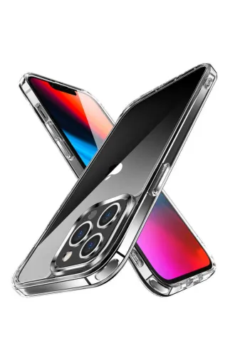 Techaks 56AÖ-8680436610640 Apple Iphone 14 Pro Kılıf Kamera Çıkıntılı Sararmaz Şeffaf Sert Metal Butonlu Kapak Uyumlu Forst