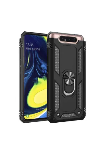 Techaks T10285-TCHS Galaxy A80 Kılıf Kamera Çıkıntılı Standlı Yüzüklü Mıknatıslı Zırh Kapak Vega - Siyah