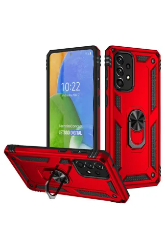 Techaks T23763-TCHS Galaxy A73 Kılıf Kamera Çıkıntılı Standlı Yüzüklü Mıknatıslı Zırh Kapak Vega - Kırmızı