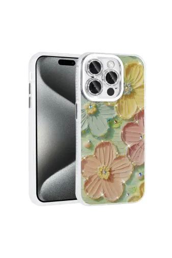 Techaks T31803-TCHS Iphone 14 Pro Max Kılıf Çiçek Desenli Parlak Taşlı Sert Silikon Zore Garden Kapak - Colorful