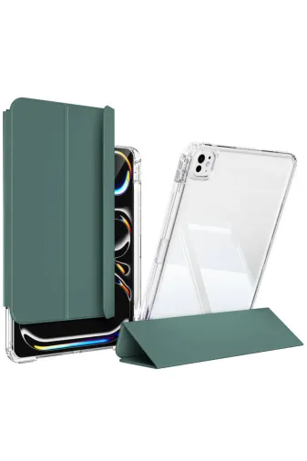 Techaks T32344-TCHS Ipad Pro 13 2024 Kılıf Magnetik Ayrılabilen Airbagli Zore Sliding Tablet Kılıfı - Koyu Yeşil